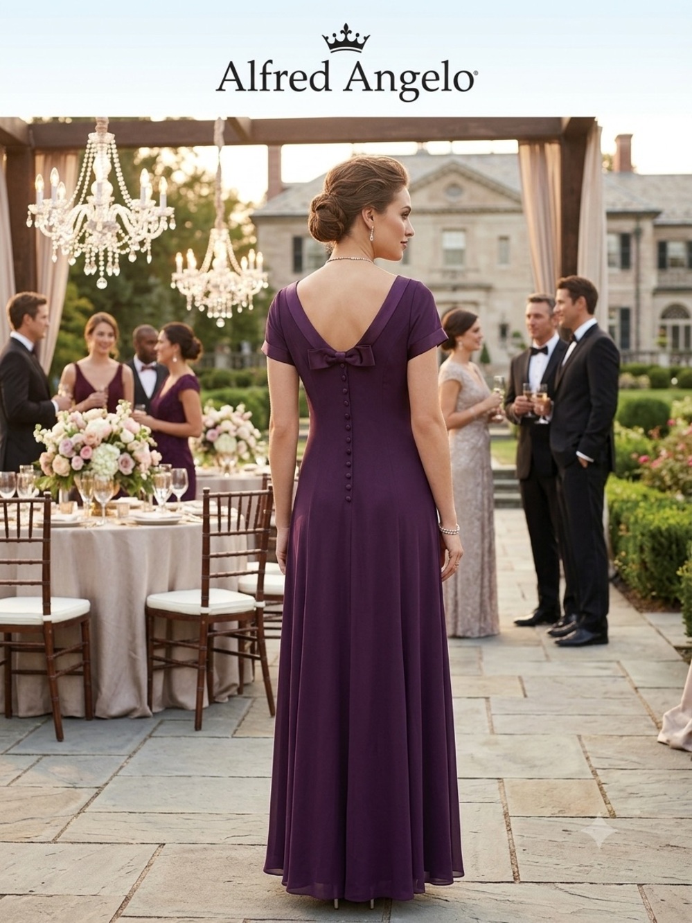 Alfred Angelo Plum Short-Sleeve Lace-Back Maxi Dress with Bow